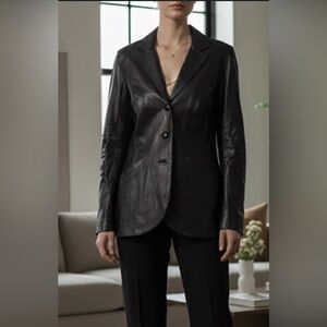 Lafayette 148 $900 New York Leather Blazer Jacket Merino Wool Side Panels Size 6